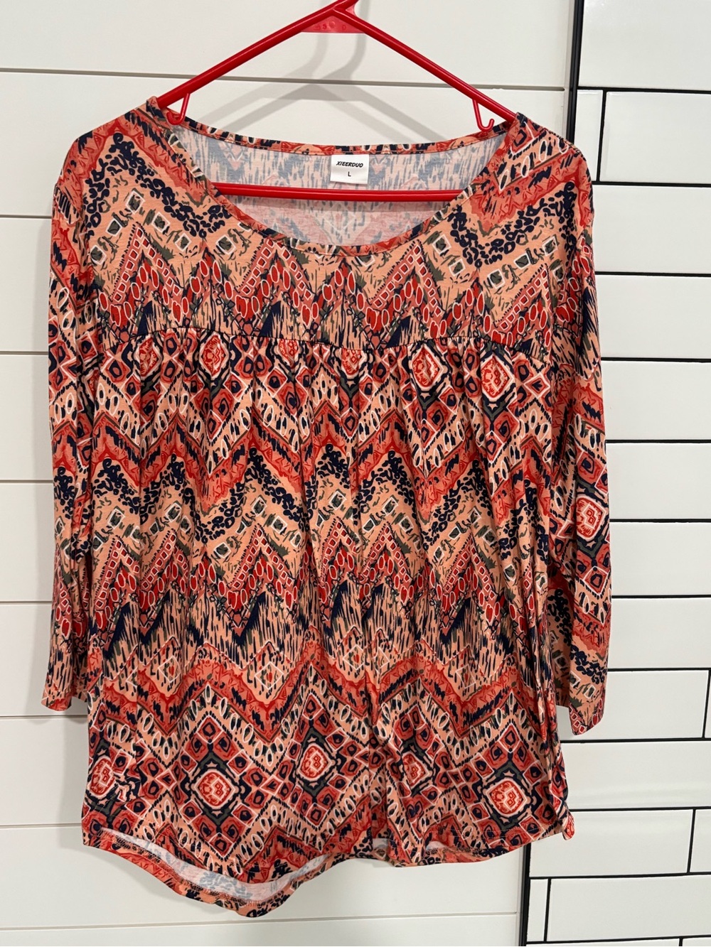 Printed Peasant Top in Coral and Navy - Unbranded